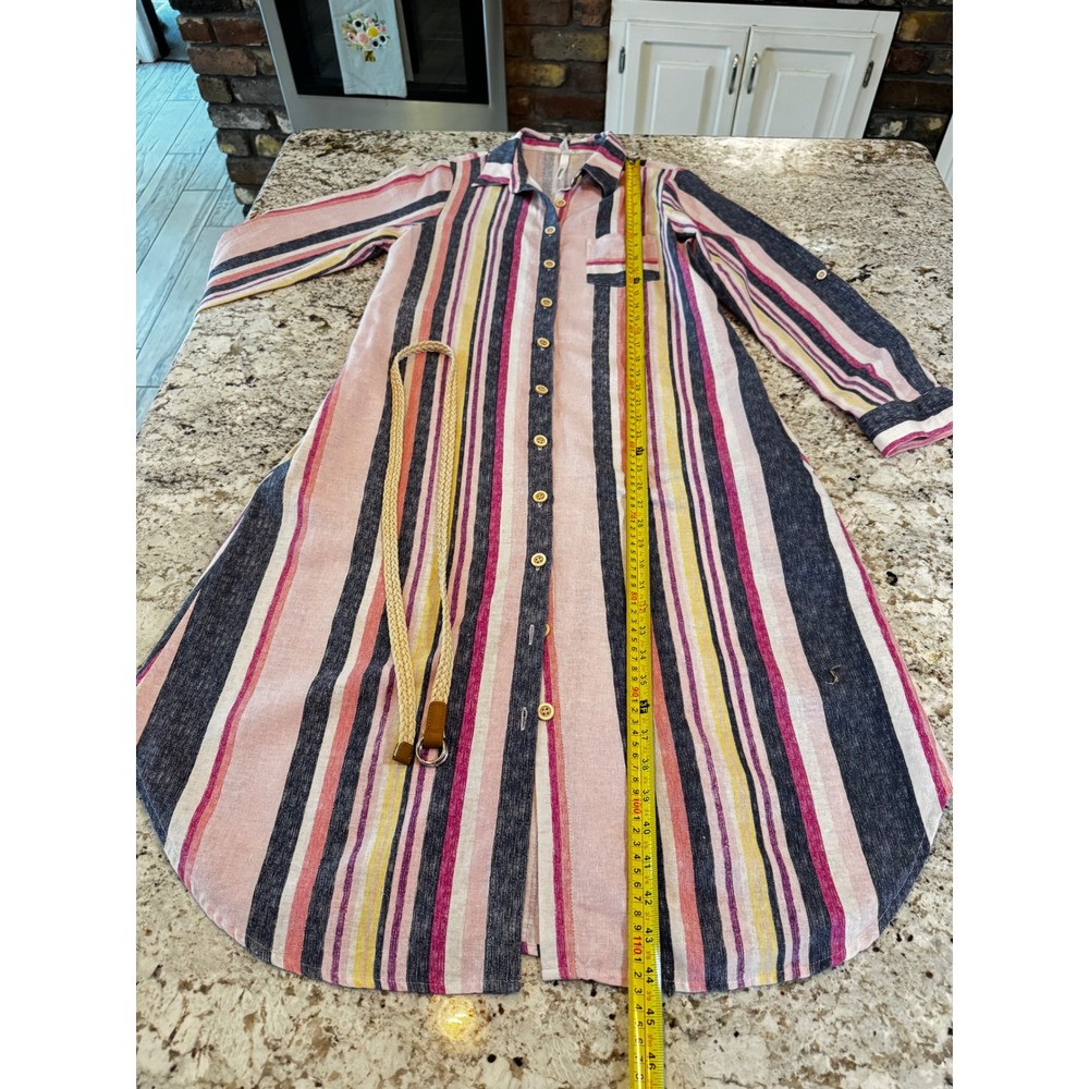 NY Collection Linen Blend Striped Midi Shirt Dress Pink Navy Yellow LND9001 - Picture 5 of 8